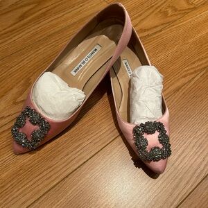 Manolo Blahnik Pink Satin Flats with Crystal Buckle US6.5